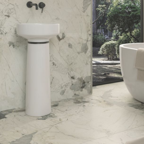 White Marble effect porcelain bathroom floor and wall tiles with black vein 