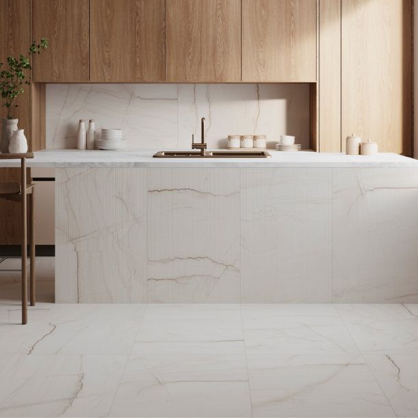 Large format white marble effect tiles with natural tones veining