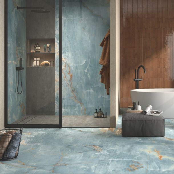 blue marble effect porcelain wall and floor bathroom tiles 