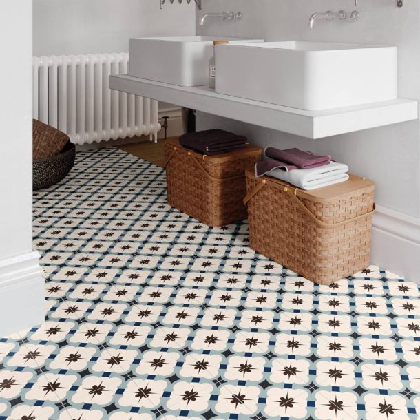 Geometric floor tiles in terracotta and earthy colours