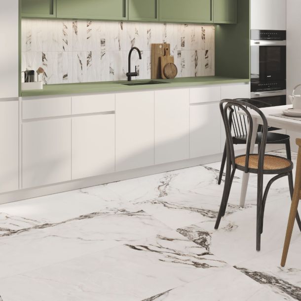 green and white marble porcelain effect kitchen floor and wall tiles