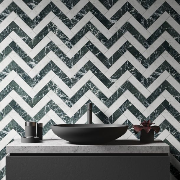 bold zig zag tile layout with subway tiles