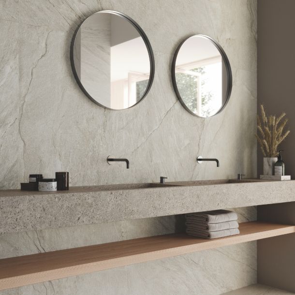 stone effect porcelain bathroom wall tiles in a natural colour palette