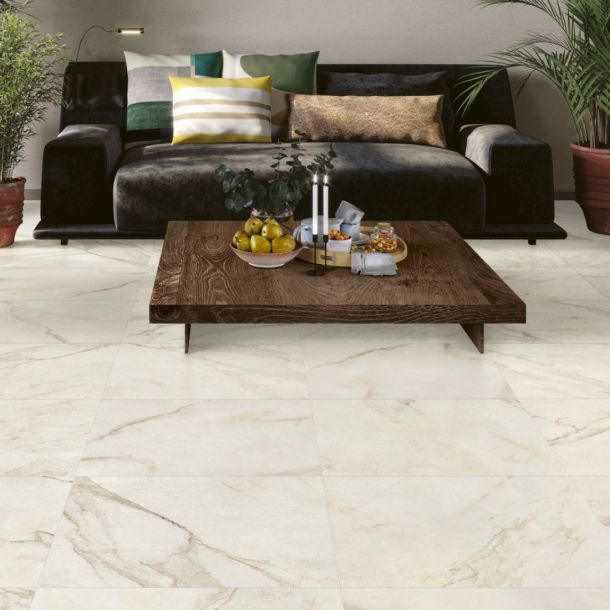 Large format natural marble effect floor tiles