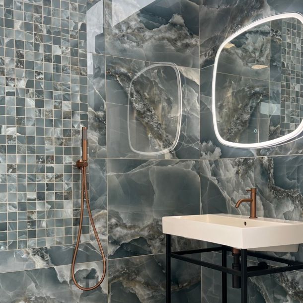 marble effect tiles on display