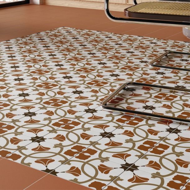 Geometric floor tiles in terracotta and earthy colours
