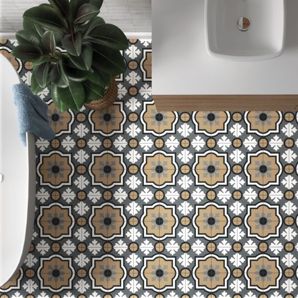 Retro style geometric bathroom floor tiles in dark neutral colours 