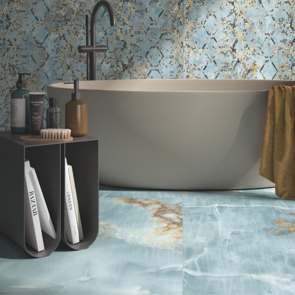 blue marble effect bathroom tiles with gold veining