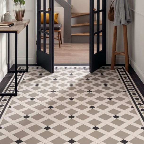 Geometric hallway retro floor tiles in black, white and grey
