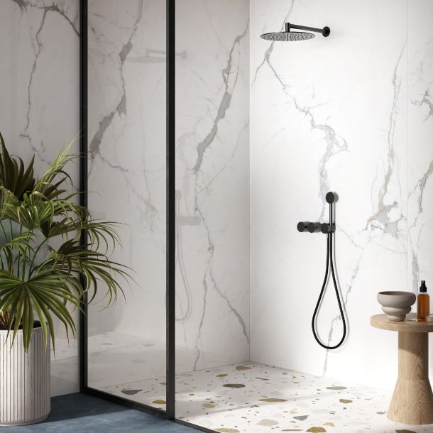 white marble effect bathroom tiles with grey veining